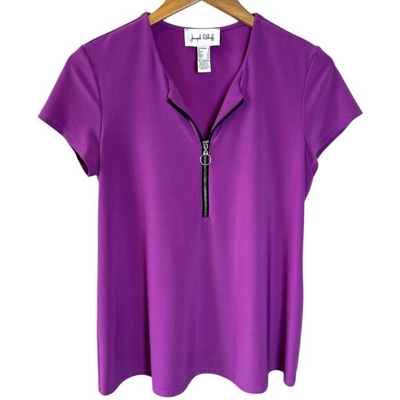 Joseph Ribkoff Purple Zip Front Short Sleeve Jersey Top Size 6 - Picture 2 of 6